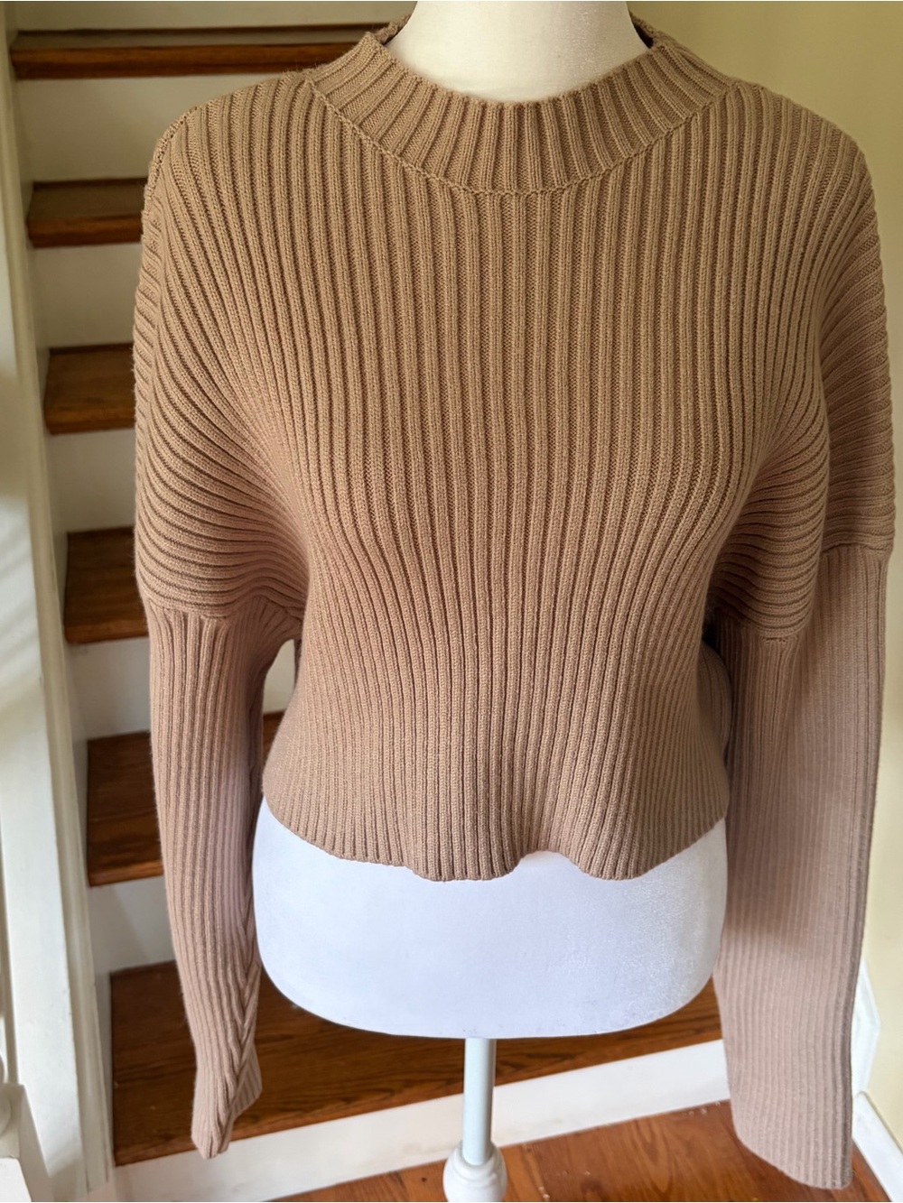 Mable Ribbed Knit Mock Neck Cropped Sweater Taupe M Clean Girl Chic Minimalist